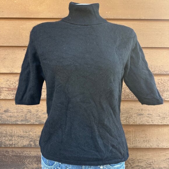 Talora Womens Black 100% Cashmere Turtleneck Sweater 3/4 Sleeves Medium Made In - Picture 1 of 9
